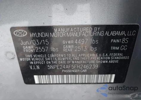 2015 Hyundai Sonata Se z USA, uszkodzony, nr VIN 5NPE24AF5FH246239